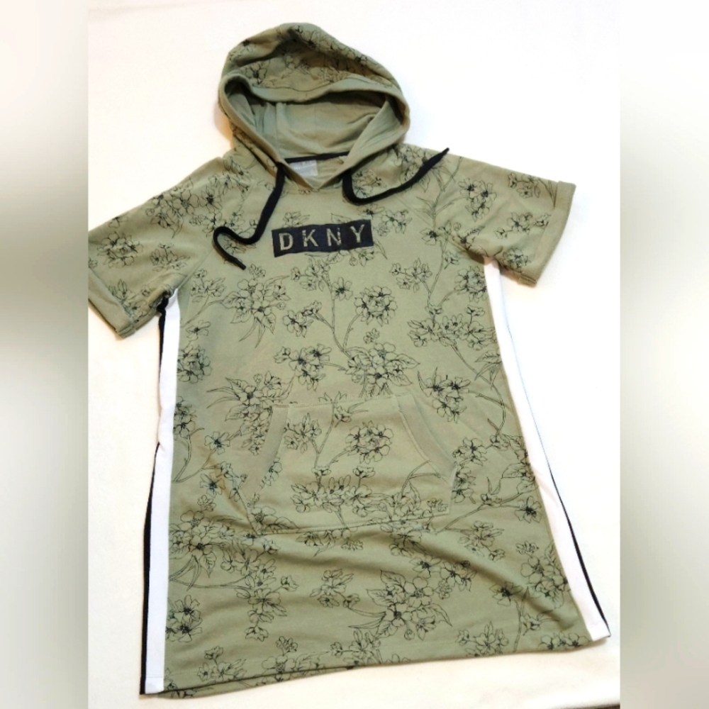 DKNY Sport Dress Women's L Green Floral Hooded Pullover Front Pocket